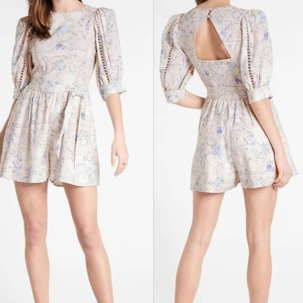 Express Floral Romper Women XL Pink NWT Eyelet‎ Cutout Tie Waist Puff Sleeve